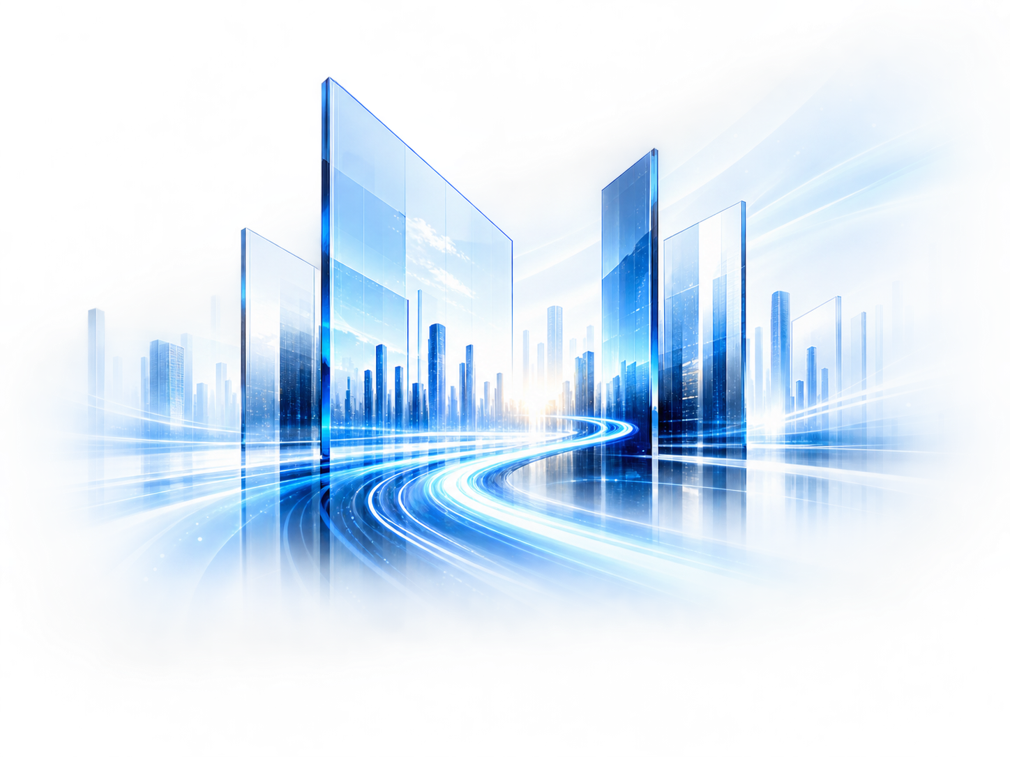 An illustrative blue glass city with a luminous path winding toward the horizon.
